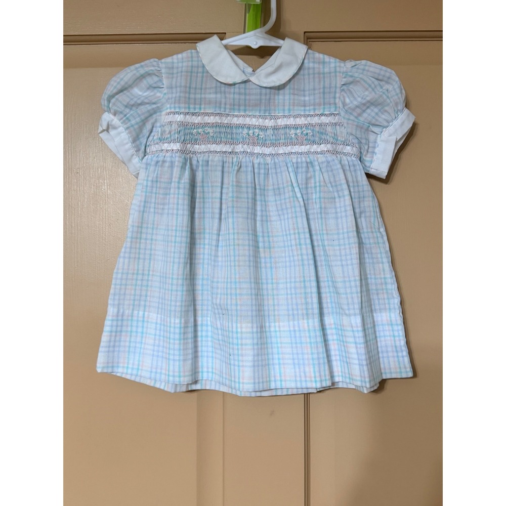Vintage Carriage Boutiques Smocked Plaid Baby Dress Blue White 24 Months NWT